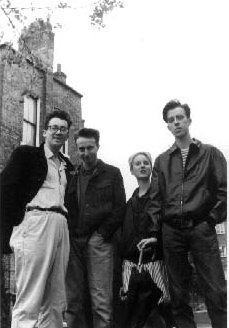 First ever photo-session, Turpentine Lane, London 1986, left to right: Phil, Andrew, Johnny and Allan